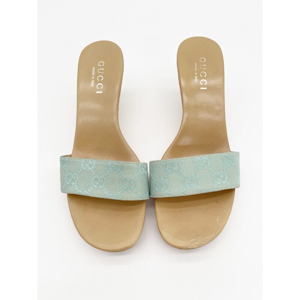 Gucci Vintage Teal GG Monogram Canvas Wooden Heel Slide Mule Sandals EU 36.5 - Picture 6 of 15